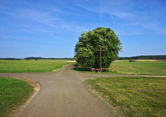 Feldkreuz an einer Weggabelung mit Baumgruppe auf der Schwäbischen Alb, Baden Württemberg; Deutschland;