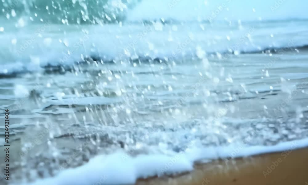 Poster wave crashing on sandy beach creating mesmerizing foam display.