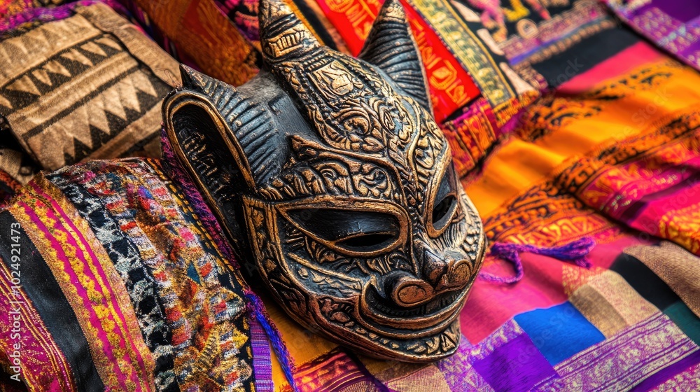 Poster intricate mask and colorful textiles display