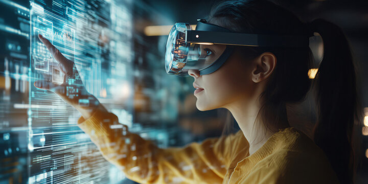 Software developer wearing virtual reality headset working with program code