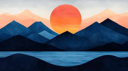 A serene landscape depicting mountains silhouetted against a vibrant sunset, with calm waters reflecting the hues of nature's beauty.