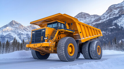 Yellow mining dump truck driving on snowy mountain road