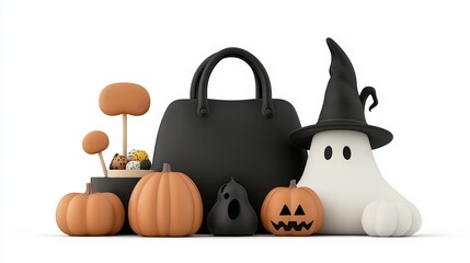 Halloween themed decorations with pumpkins, ghost, bag, and spooky treats.