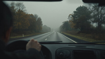 Man driving car on highway in foggy autumn forest