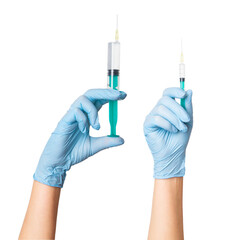 Set of hands in medical gloves holding a syringe on an empty background. Medical administration,...