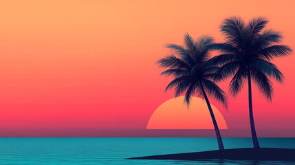 Vibrant sunset over a serene ocean with palm trees silhouetted against the colorful sky, creating a tropical paradise feel.