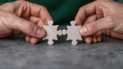 Two hands connecting puzzle pieces on a textured surface, symbolizing teamwork, collaboration, and solution finding.