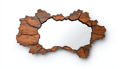 Unique cracked wooden mirror with rustic frame and reflective surface.