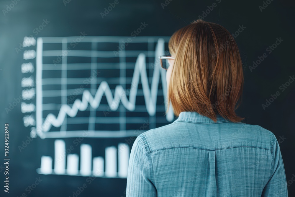 Poster woman analyzing financial data on chalkboard with upward graph trend. professional growth and busine