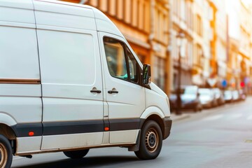 White delivery van driving through urban street with blurred background, showcasing the concept of efficient city logistics and transportation.