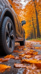Car drive on autumn road in beautiful nature. Landscape on the highway in forest