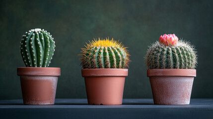 Three vibrant cacti in terracotta pots against a dark backdrop during natural lighting