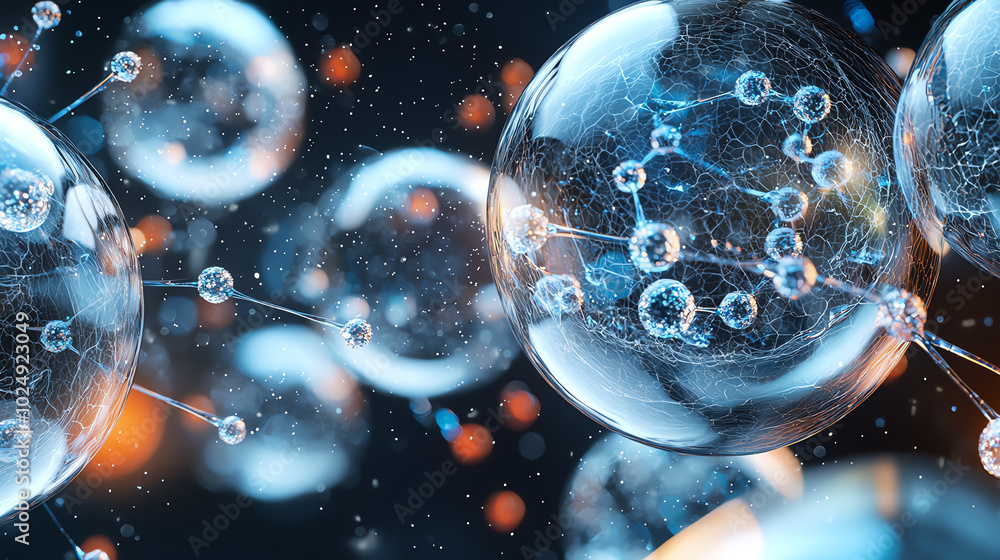Aufkleber abstract representation of molecular structures with bubbles and particles in focus.