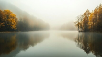 Fototapeta premium A serene lake covered in fog, with the water and surrounding trees hidden by the thick mist.
