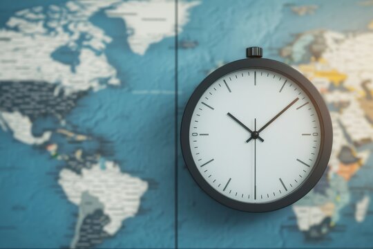 World map background with a classic clock showing time zones, symbolizing global travel and international business connection.