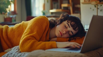 Exhausted young woman in vibrant yellow sweater naps on laptop keyboard, showcasing the struggle of balancing work and rest in a cozy home office setting.