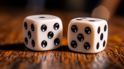 Two dice resting on a wooden surface, showcasing their distinctive black dots in warm light