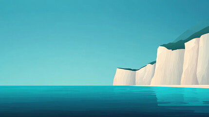 A serene coastal scene featuring a calm turquoise ocean and white cliffs under a clear blue sky, perfect for relaxation themes.