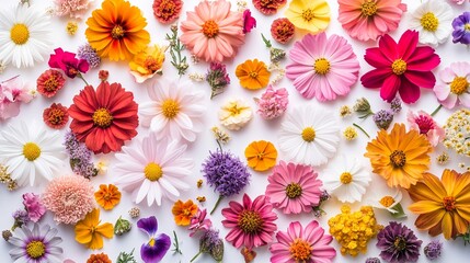 Vibrant array of colorful summer flowers scattered on white background, including daisies, cosmos, and zinnias, creating a cheerful floral tapestry.