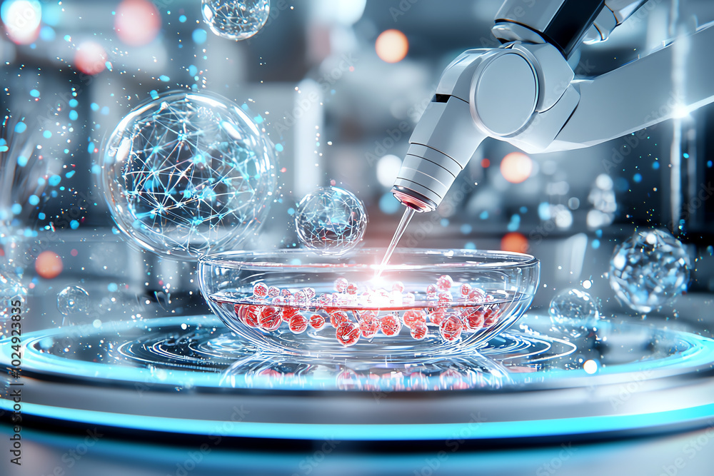 Poster advanced robotic arm conducting experiments in a futuristic lab.