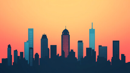 Fototapeta premium Silhouette of a city skyline at sunset, featuring various skyscrapers against a vibrant gradient, capturing the essence of urban life.