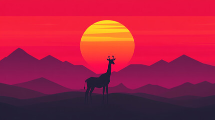 A majestic silhouette of a giraffe standing in front of a vibrant sunset, with mountains in the background creating a stunning landscape.