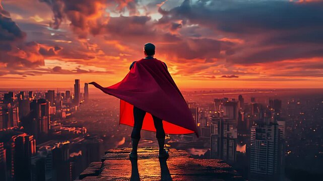superhero businessman looking at city. Created with Generative AI.