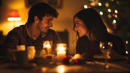 A couple shares a candlelit Romantic dinner at home, their eyes sparkling with love, with Christmas vibes