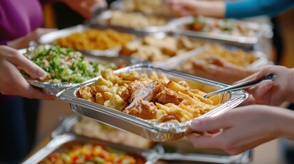 A diverse group enjoys a buffet with various dishes in aluminum trays, AI