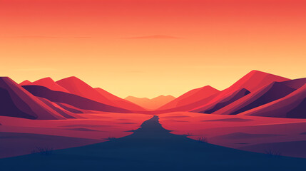 A stunning view of a desert landscape during sunset, featuring reddish mountains and a winding road fading into the horizon.