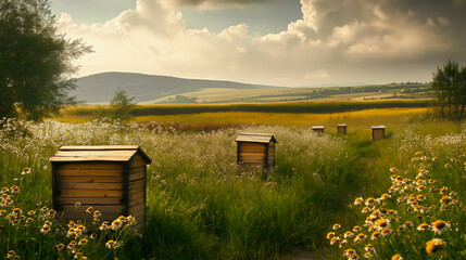 Tranquil rural landscape with wooden beehives located in meadow with wild flowers, surrounded by blooming daisies and lush greenery under partly cloudy sky