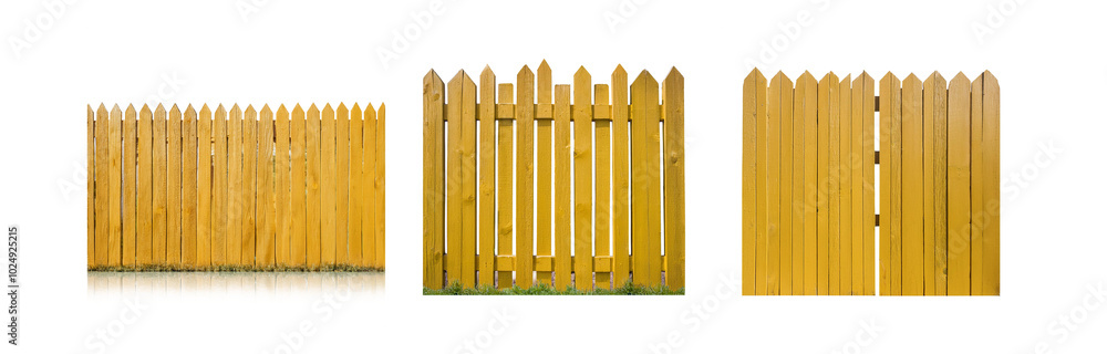 Poster three sections of a wooden fence with pointed tops.