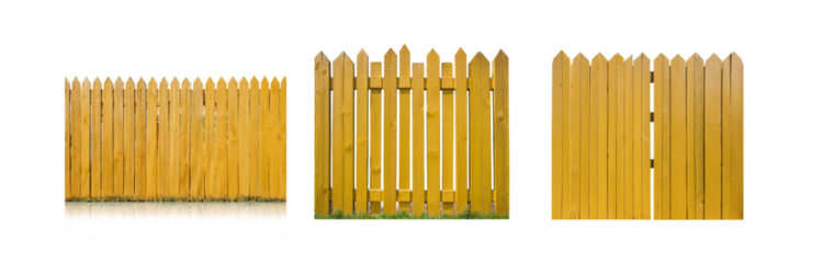 Three sections of a wooden fence with pointed tops.