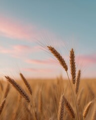 Naklejka premium Golden Wheat Fields at Sunrise with Warm Colors.