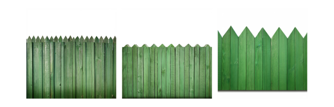 A green wooden fence with pointed tops against a white background.