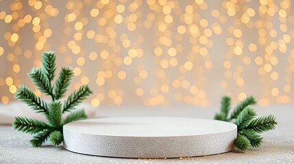 Christmas podium with green fir branches, festive blurred christmas background , mock up for product, copy space
