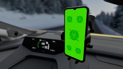 A phone with a green mockup screen is mounted on a car's dashboard, during a snowy evening drive...