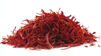 Naklejka premium A small pile of whole dried saffron threads, showcasing their deep red color and delicate structure, scattered on a white background