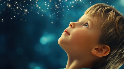 A young child gazes up at a starry night sky, filled with wonder and curiosity, AI