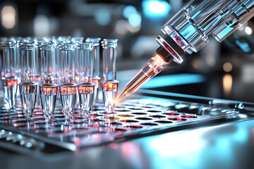 Laboratory pipette dispensing liquid into test tubes, blue background.