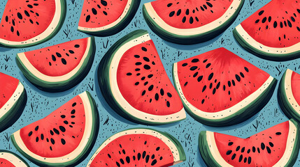 Colorful watermelon slices arranged on a blue background.
