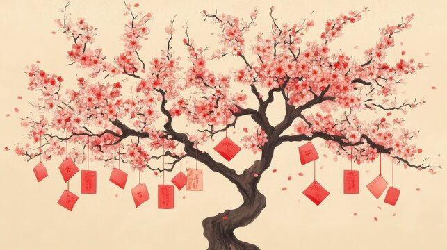 Chinese New Year Card Design with Cherry Blossom Tree