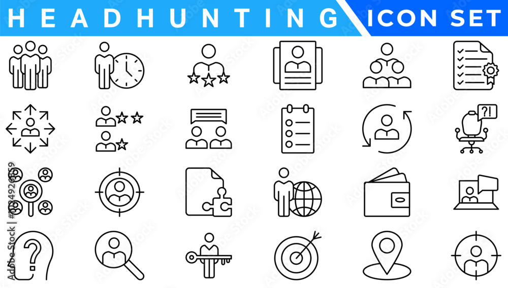 Poster headhunting and human resources minimal thin editable stroke icon set. included the line icons as re