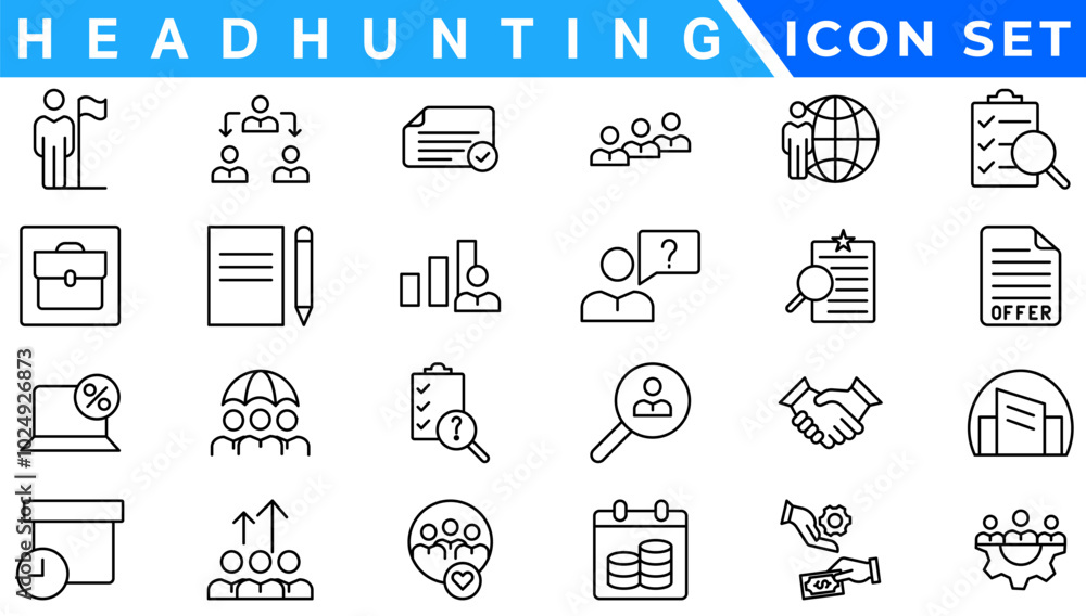 Poster headhunting and human resources minimal thin editable stroke icon set. included the line icons as re