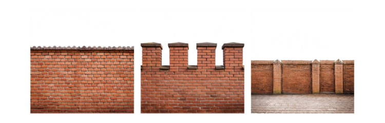 Three sections of red brick wall with a white background.