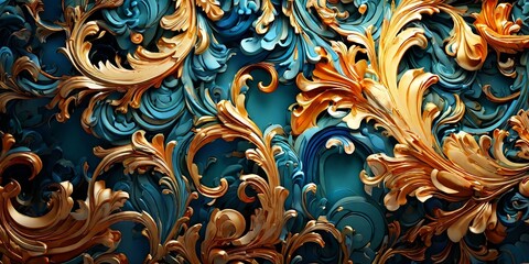 A gold and blue floral design with a blue background