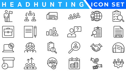 Headhunting And Human Resources minimal thin editable stroke icon set. Included the line icons as Recruitment, Career Goals, Resume or CV, and more.