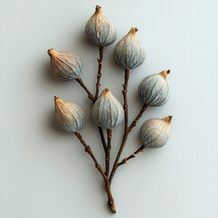 A cluster of six dried, blue and brown pods on a branch arranged in a simple, symmetrical pattern against a white background.