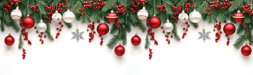 christmas  festive holiday decoration with a border of pine branches, red berries, and various Christmas ornaments in red, white, and silver hues. The decorations hang from the top, l