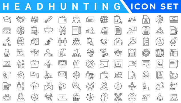 Headhunting And Human Resources minimal thin editable stroke icon set. Included the line icons as Recruitment, Career Goals, Resume or CV, and more.